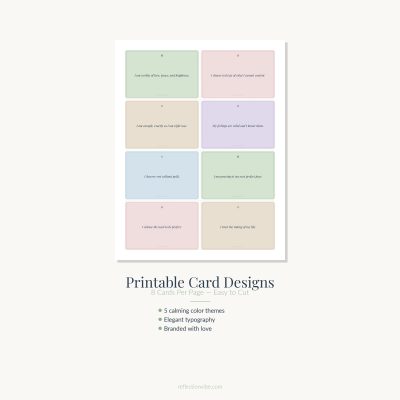 Complete set of 50 affirmation cards organized by theme: self-love affirmations, confidence affirmations, calm affirmations, strength affirmations, and growth affirmations