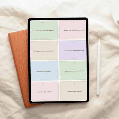 50 printable affirmation cards set with 5 themes: self-love, confidence, calm, strength, and growth affirmations in pastel colors